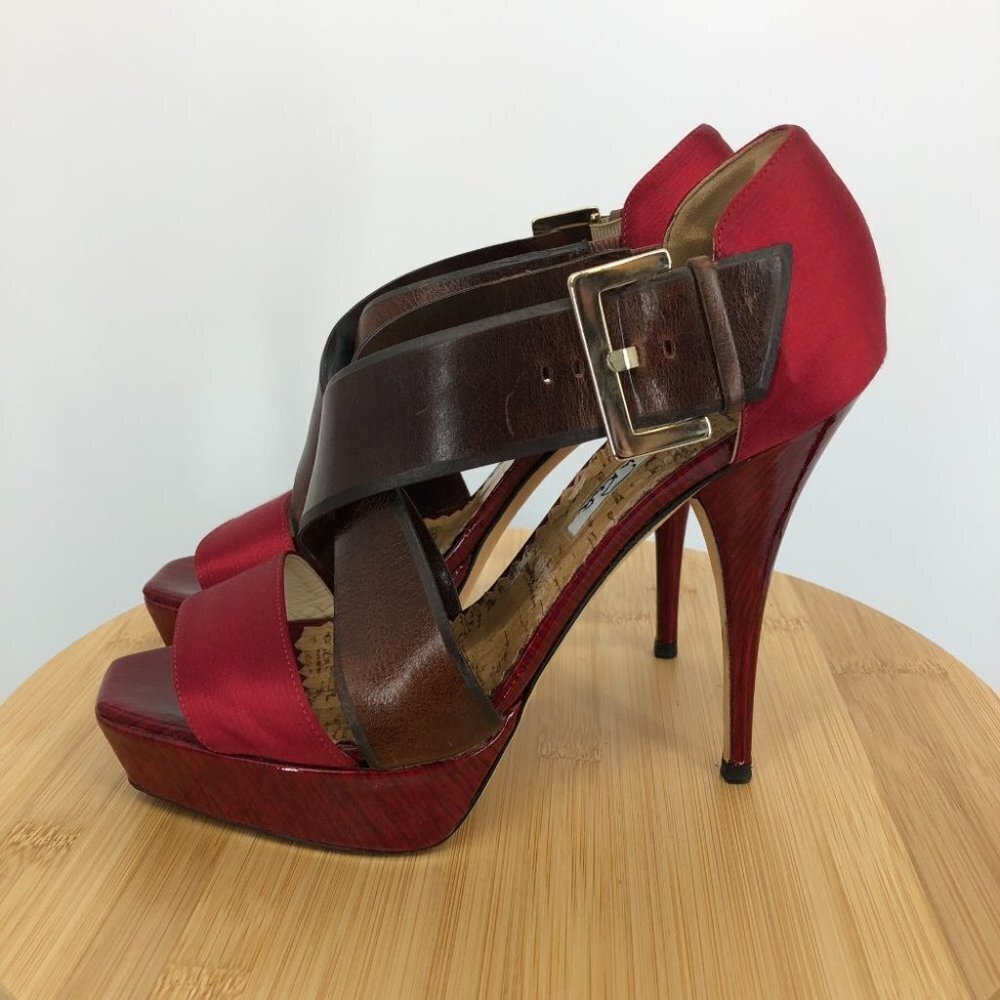 Oscar De La Renta Red Satin Brown patent leather buckle Platform Stilettos 37 - Picture 8 of 14